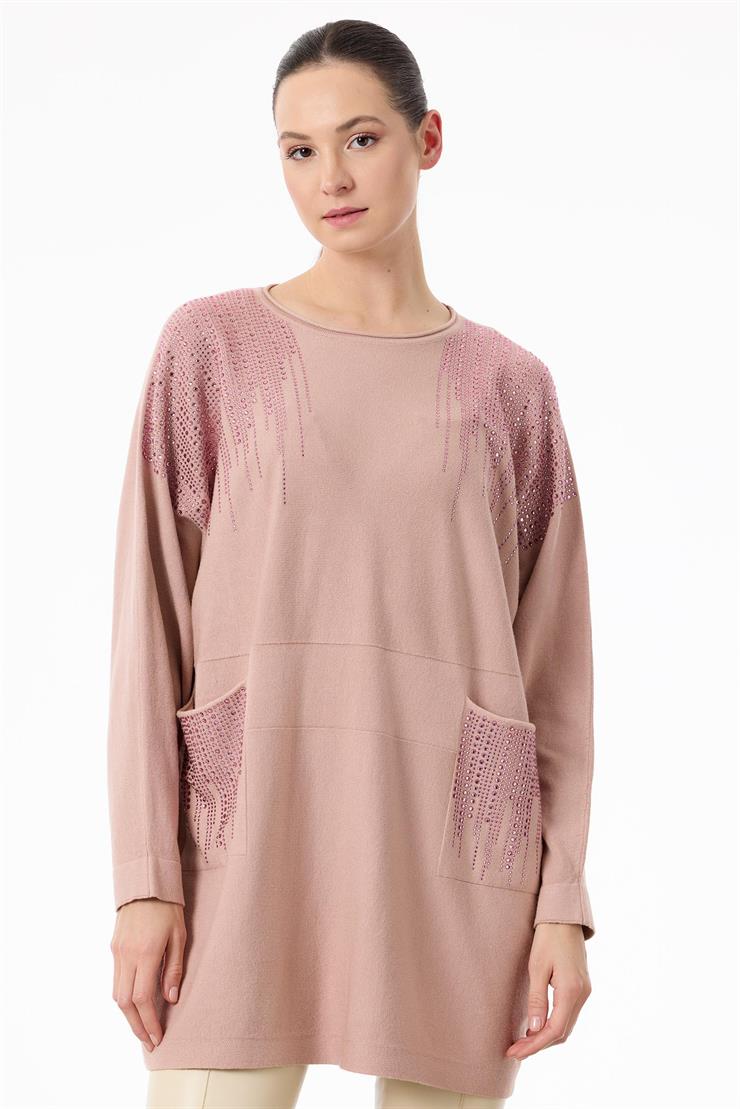 Omuzları ve Cepleri Taşlı Sosis Yakalı triko Tunik PEMBE