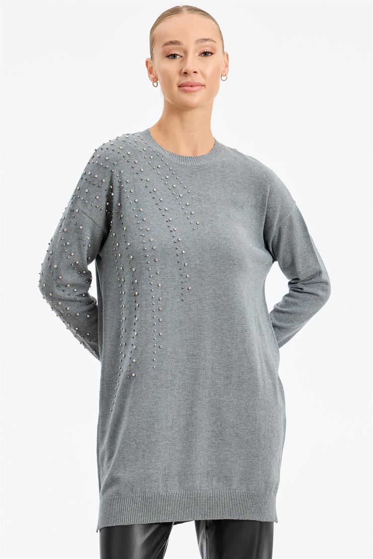 Omuzu Ve Kolu Taş Detaylı Tunik GRİ MELANJ