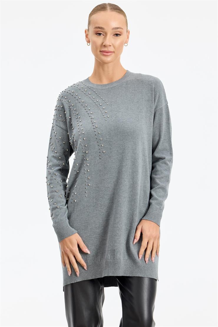 Omuzu Ve Kolu Taş Detaylı Tunik GRİ MELANJ