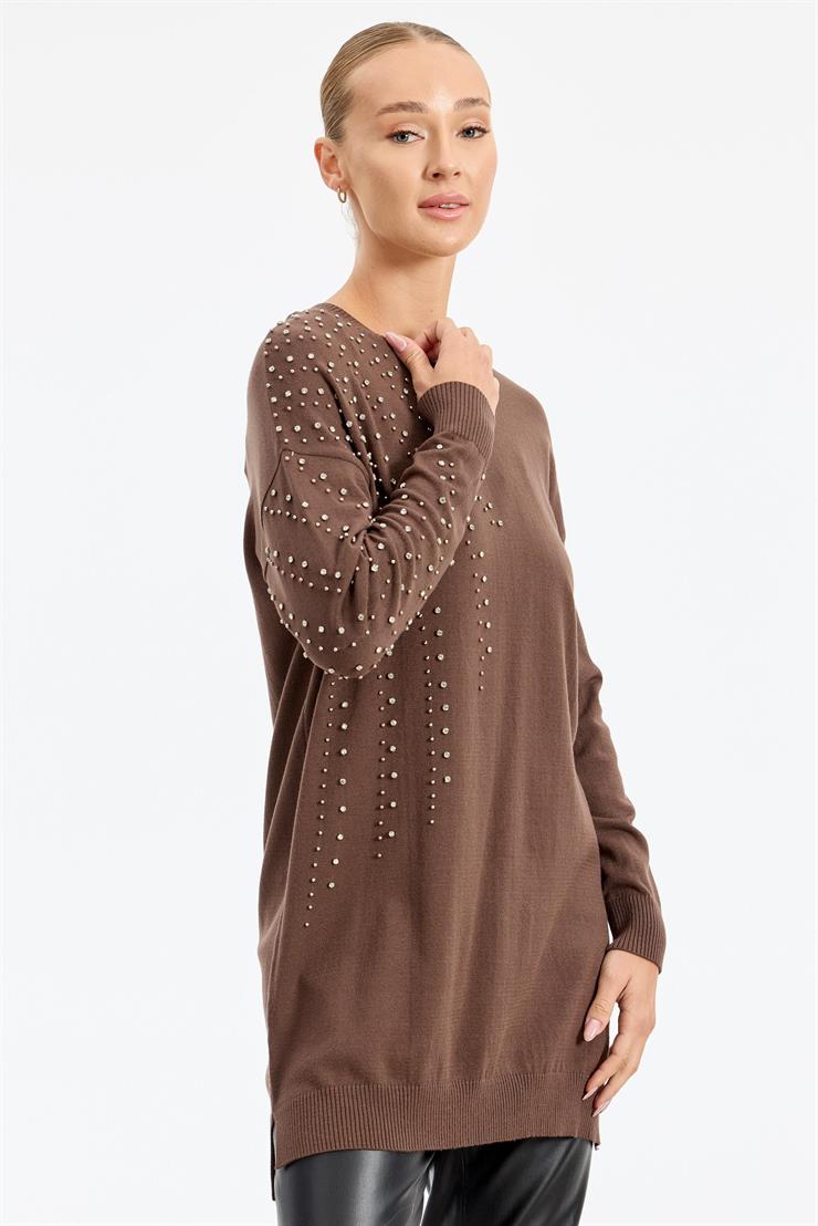 Omuzu Ve Kolu Taş Detaylı Tunik KAHVE