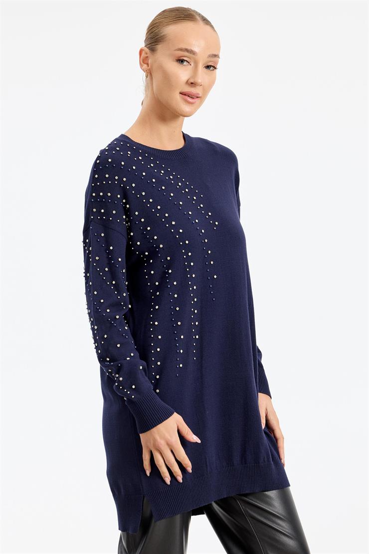 Omuzu Ve Kolu Taş Detaylı Tunik LACİVERT