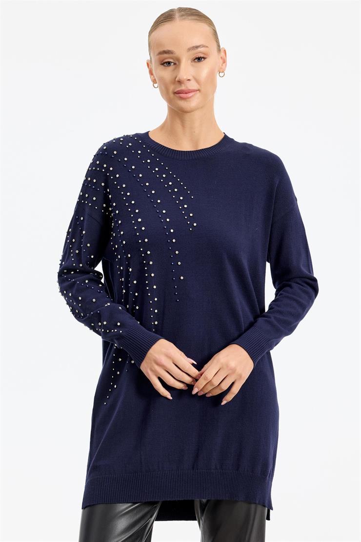 Omuzu Ve Kolu Taş Detaylı Tunik LACİVERT