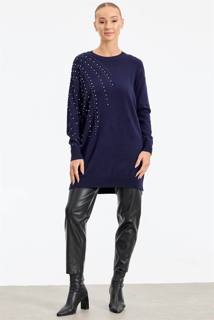 Omuzu Ve Kolu Taş Detaylı Tunik LACİVERT