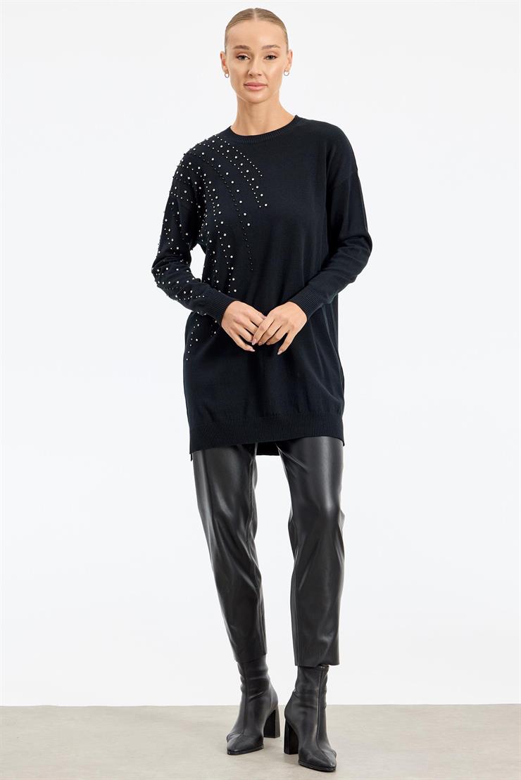 Omuzu Ve Kolu Taş Detaylı Tunik SİYAH