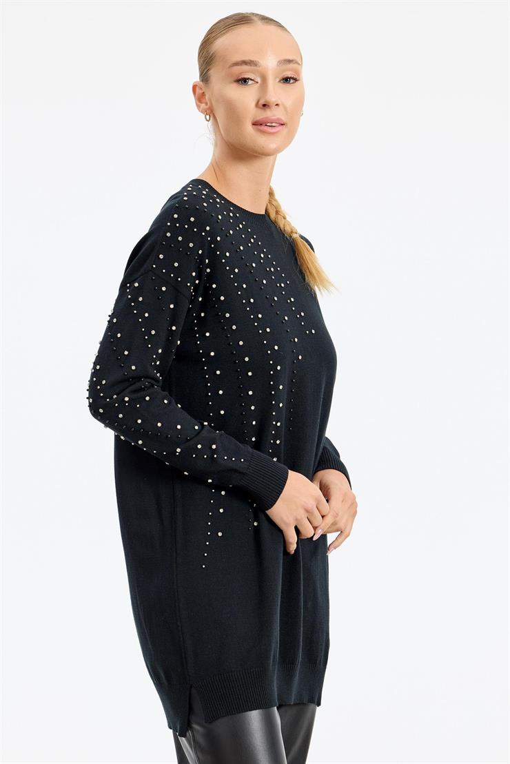 Omuzu Ve Kolu Taş Detaylı Tunik SİYAH