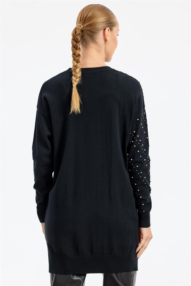 Omuzu Ve Kolu Taş Detaylı Tunik SİYAH