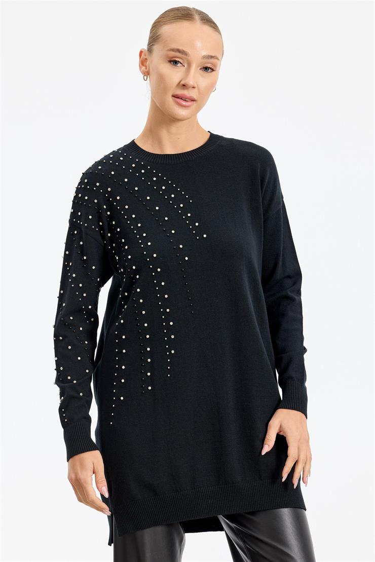 Omuzu Ve Kolu Taş Detaylı Tunik SİYAH