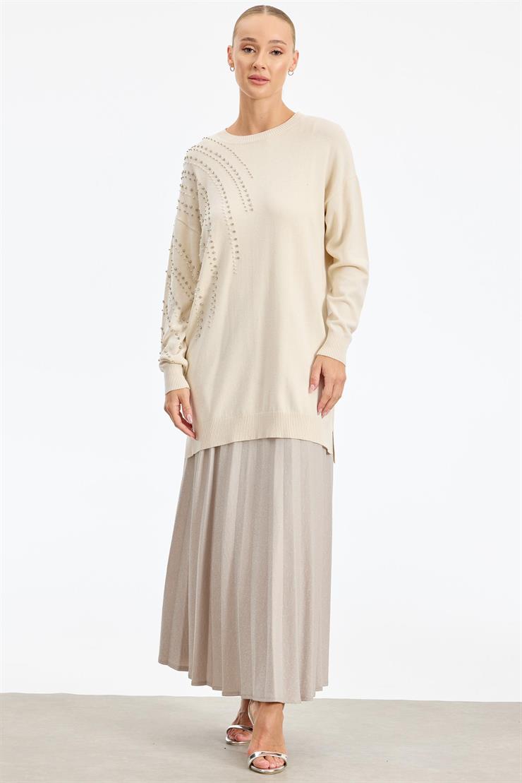 Omuzu Ve Kolu Taş Detaylı Tunik VANİLYA