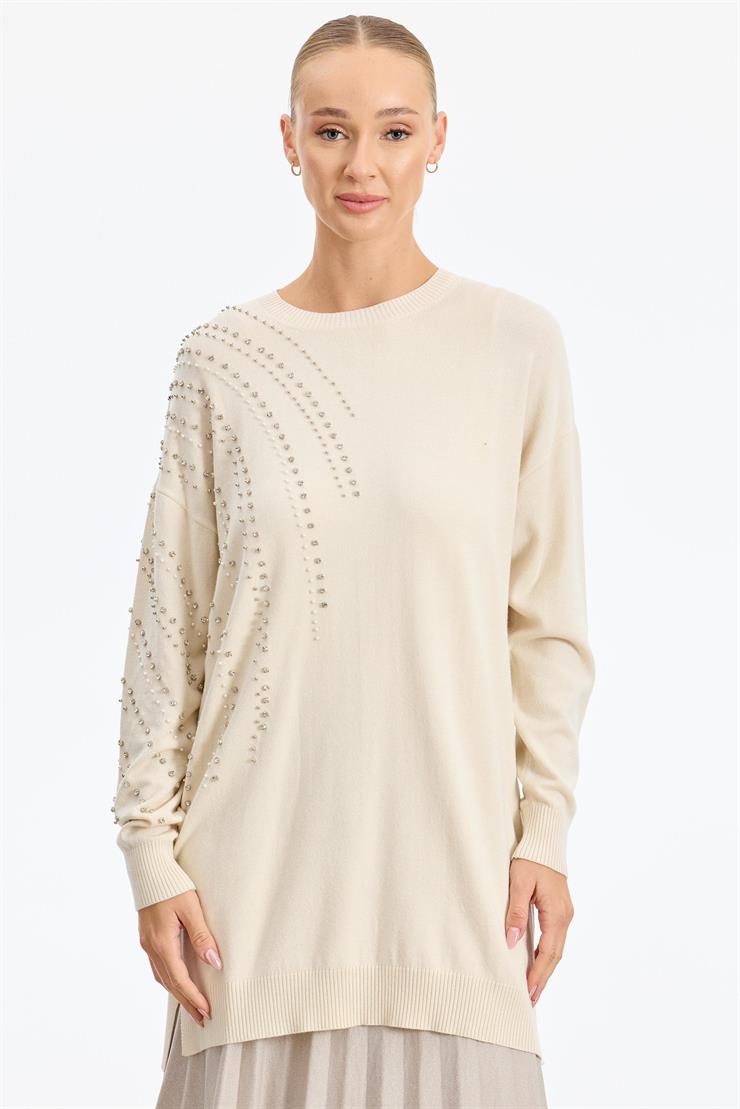 Omuzu Ve Kolu Taş Detaylı Tunik VANİLYA