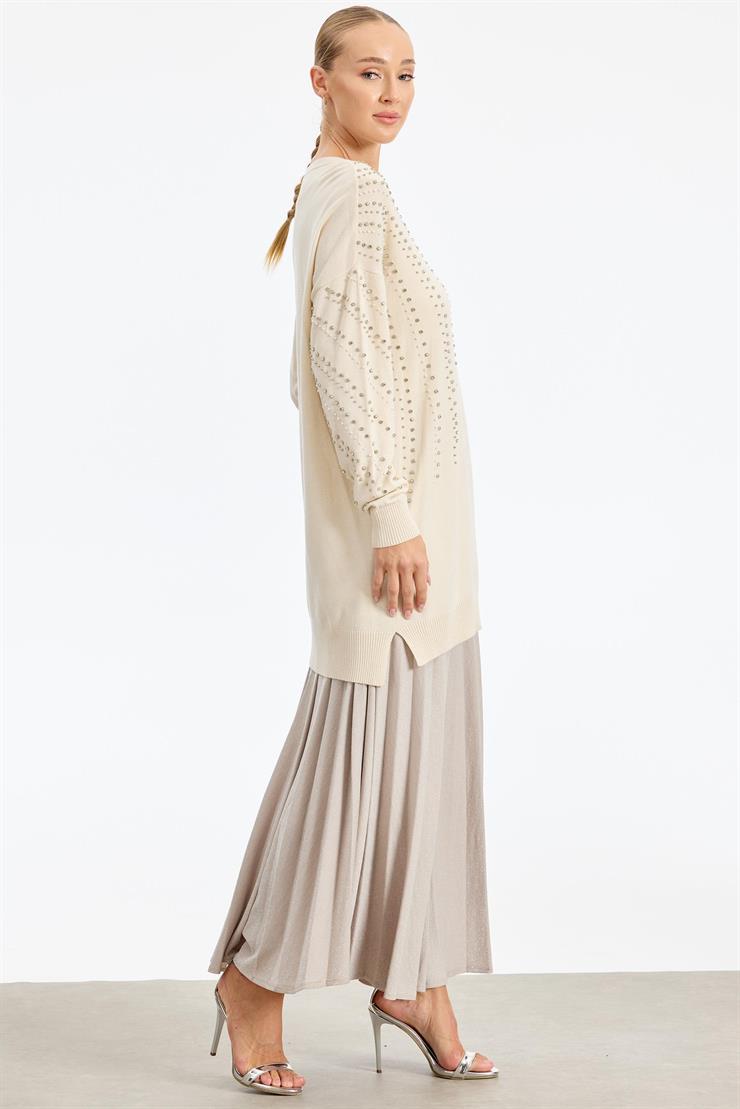 Omuzu Ve Kolu Taş Detaylı Tunik VANİLYA