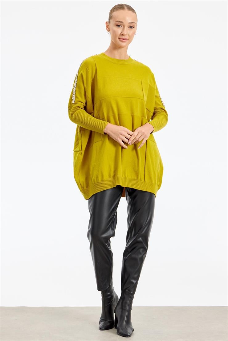 Omzu Yapıştırma Taşlı Yarasa Kollu Triko Tunik ASİT