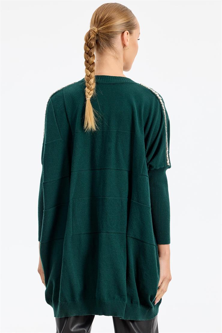 Omzu Yapıştırma Taşlı Yarasa Kollu Triko Tunik ZÜMRÜT