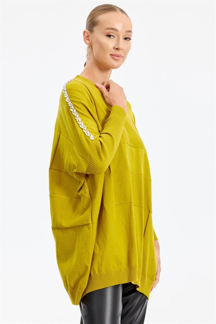 Omzu Yapıştırma Taşlı Yarasa Kollu Triko Tunik ASİT