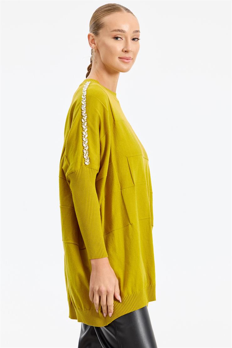 Omzu Yapıştırma Taşlı Yarasa Kollu Triko Tunik ASİT