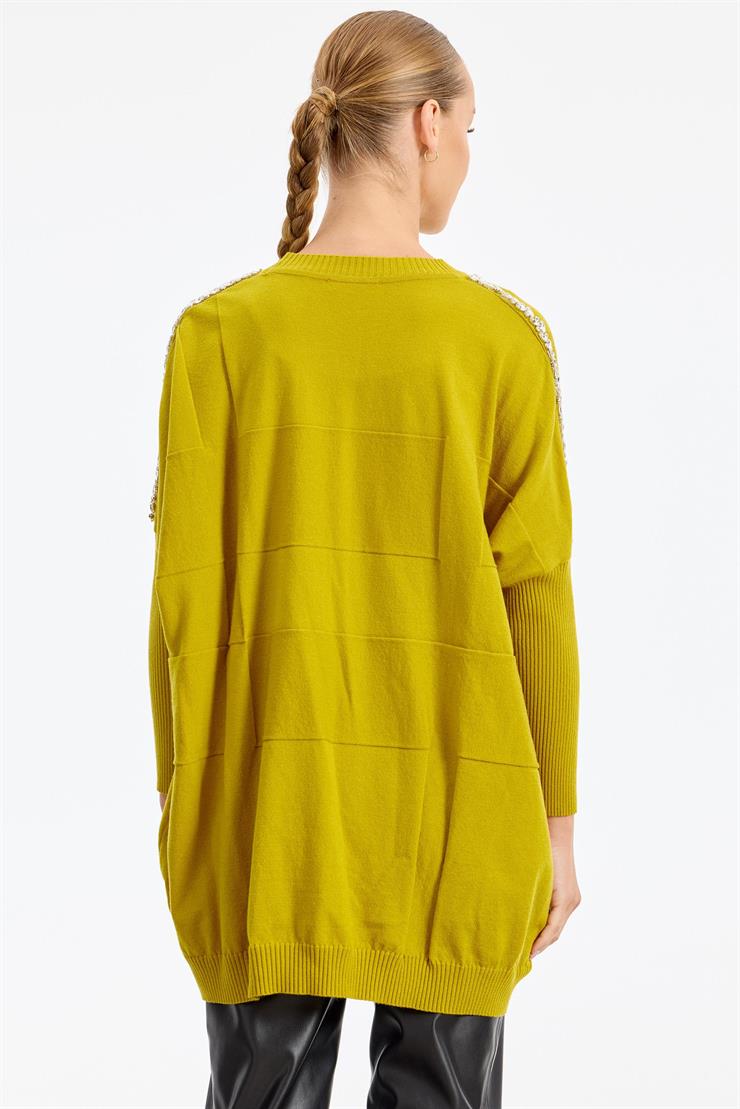 Omzu Yapıştırma Taşlı Yarasa Kollu Triko Tunik ASİT