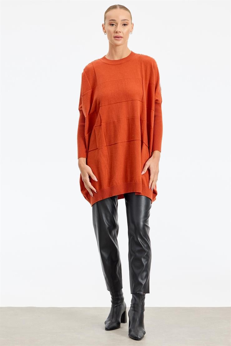 Omzu Yapıştırma Taşlı Yarasa Kollu Triko Tunik KİREMİT