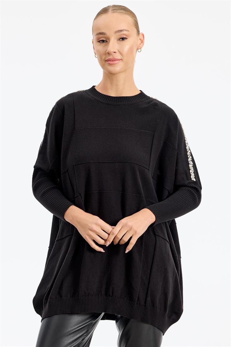 Omzu Yapıştırma Taşlı Yarasa Kollu Triko Tunik SİYAH