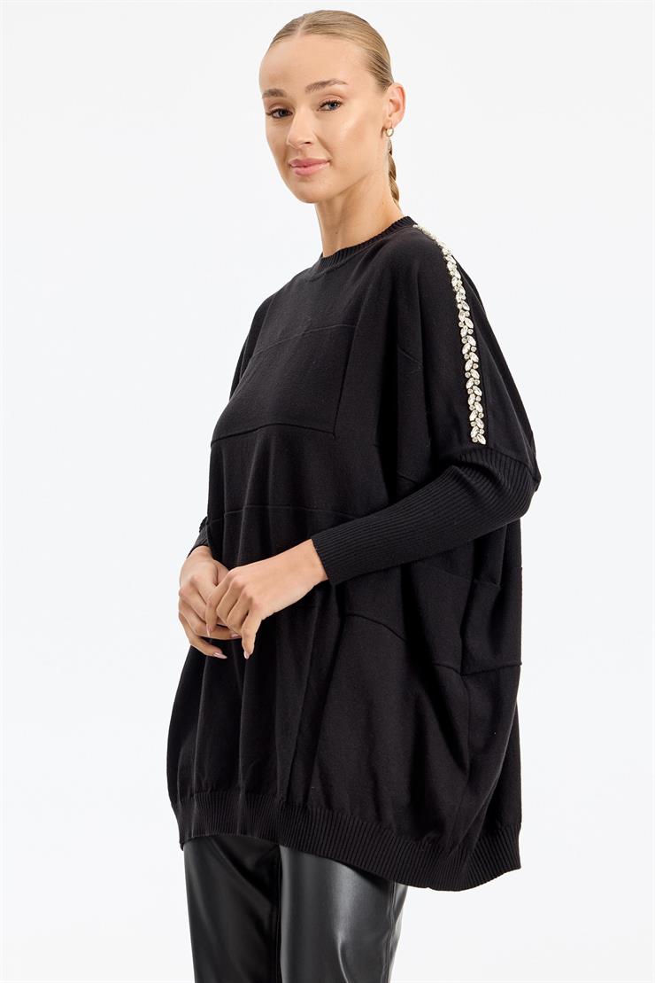 Omzu Yapıştırma Taşlı Yarasa Kollu Triko Tunik SİYAH
