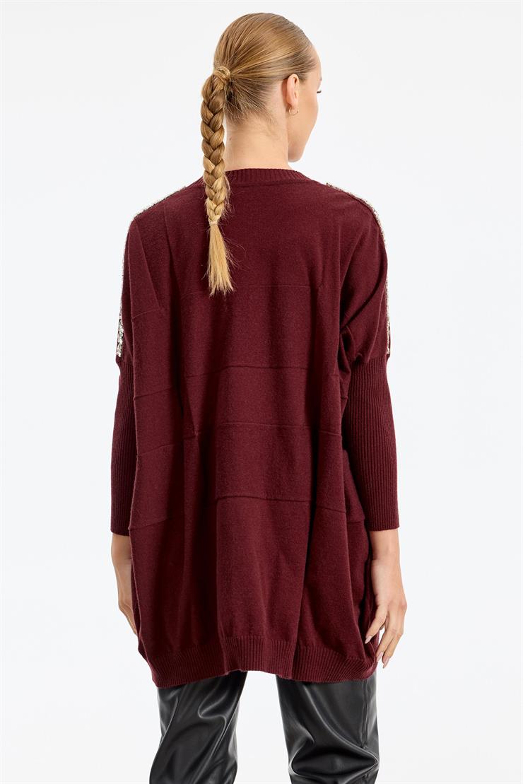 Omzu Yapıştırma Taşlı Yarasa Kollu Triko Tunik BORDO