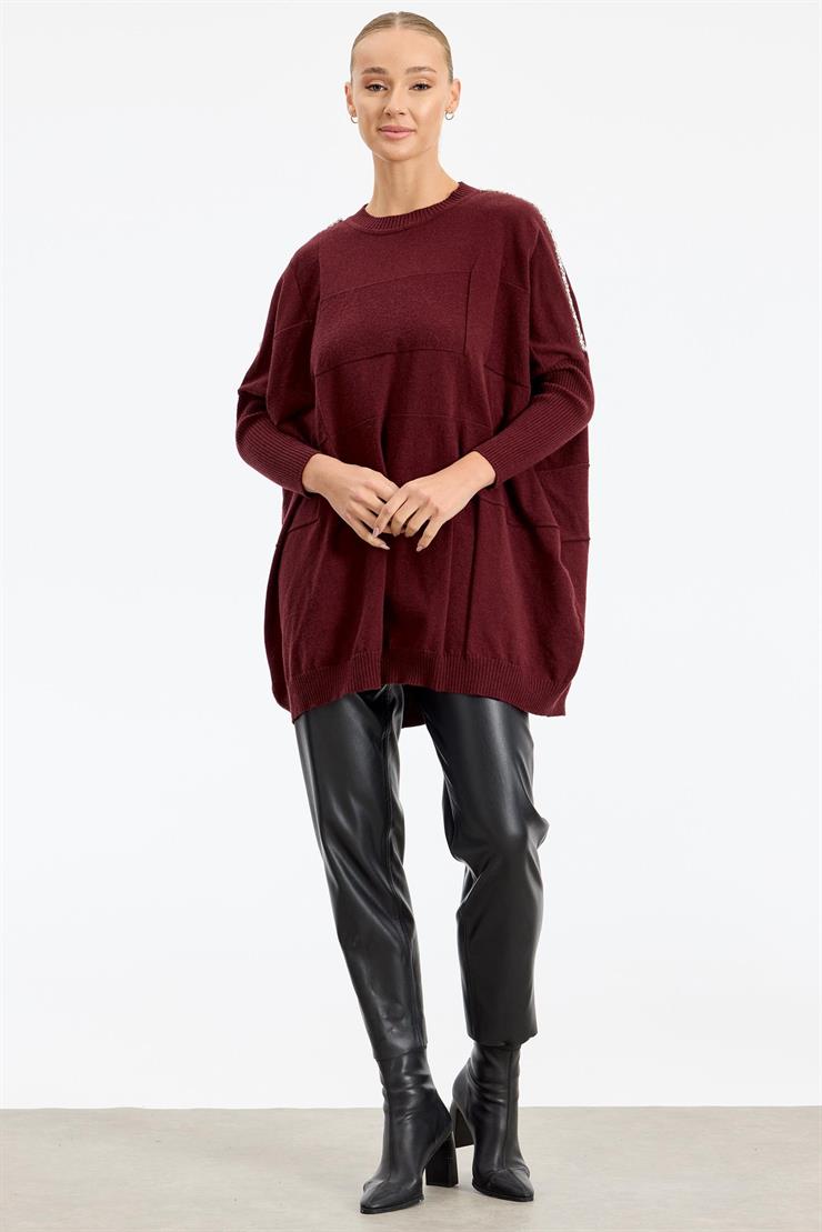 Omzu Yapıştırma Taşlı Yarasa Kollu Triko Tunik BORDO