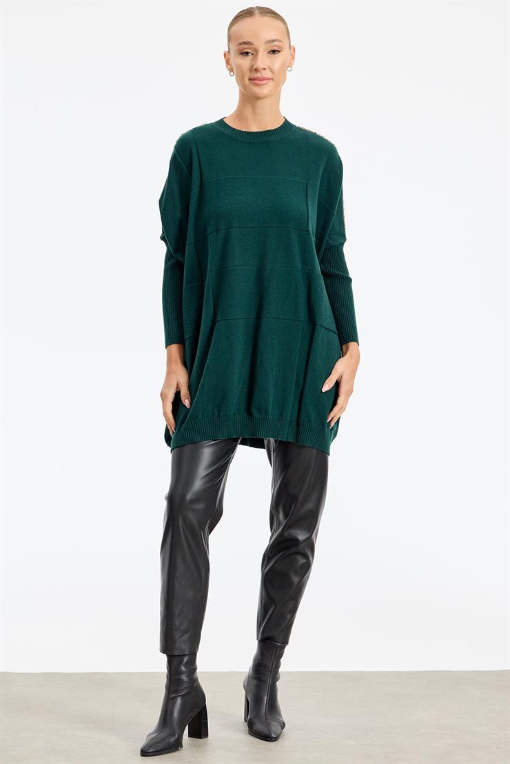 Omzu Yapıştırma Taşlı Yarasa Kollu Triko Tunik ZÜMRÜT