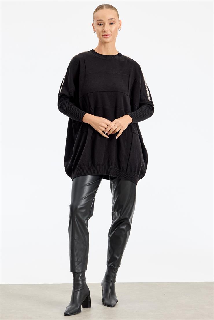 Omzu Yapıştırma Taşlı Yarasa Kollu Triko Tunik SİYAH