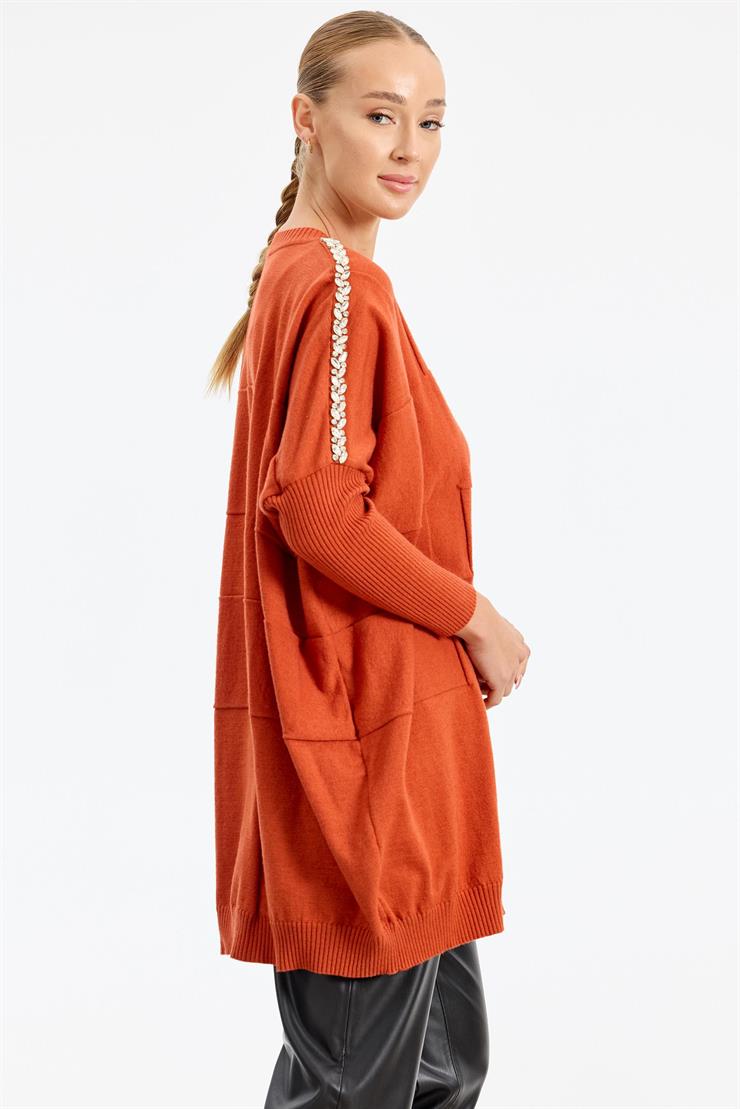 Omzu Yapıştırma Taşlı Yarasa Kollu Triko Tunik KİREMİT