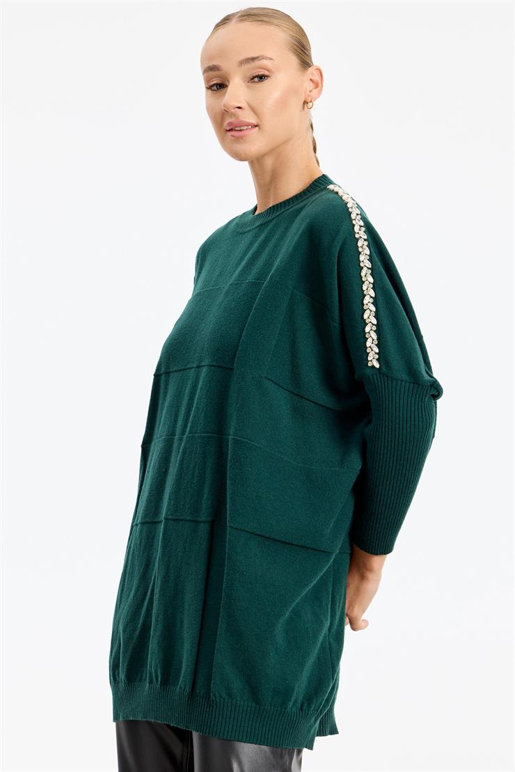 Omzu Yapıştırma Taşlı Yarasa Kollu Triko Tunik ZÜMRÜT