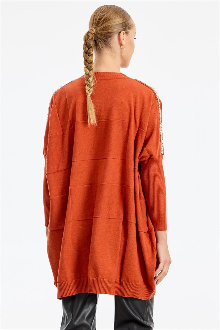 Omzu Yapıştırma Taşlı Yarasa Kollu Triko Tunik KİREMİT