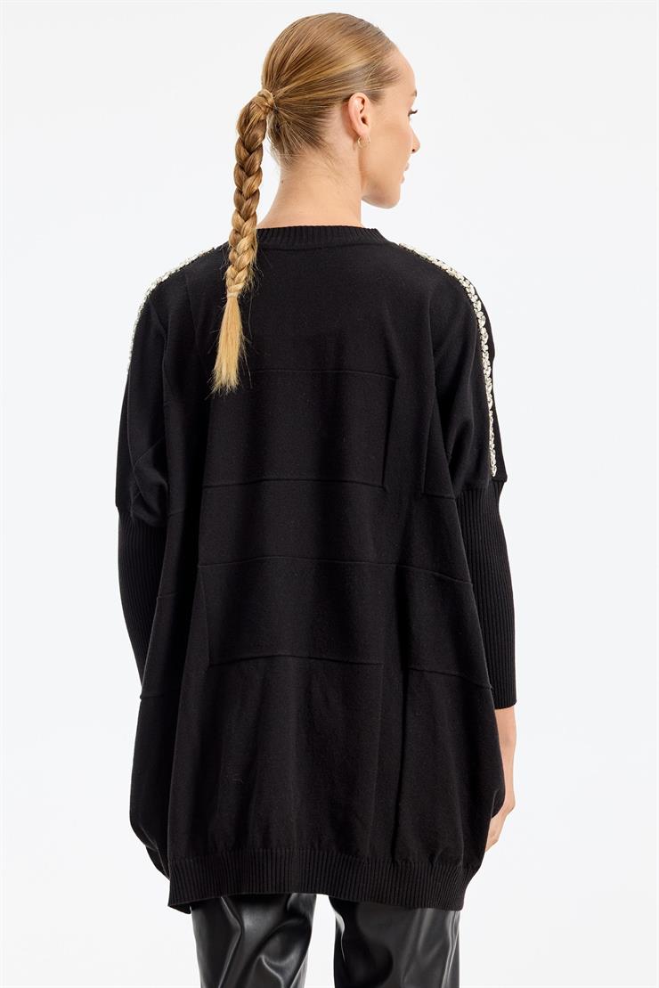 Omzu Yapıştırma Taşlı Yarasa Kollu Triko Tunik SİYAH
