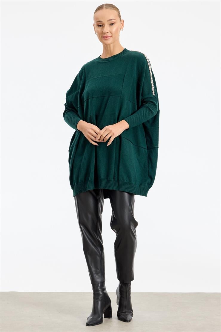 Omzu Yapıştırma Taşlı Yarasa Kollu Triko Tunik ZÜMRÜT