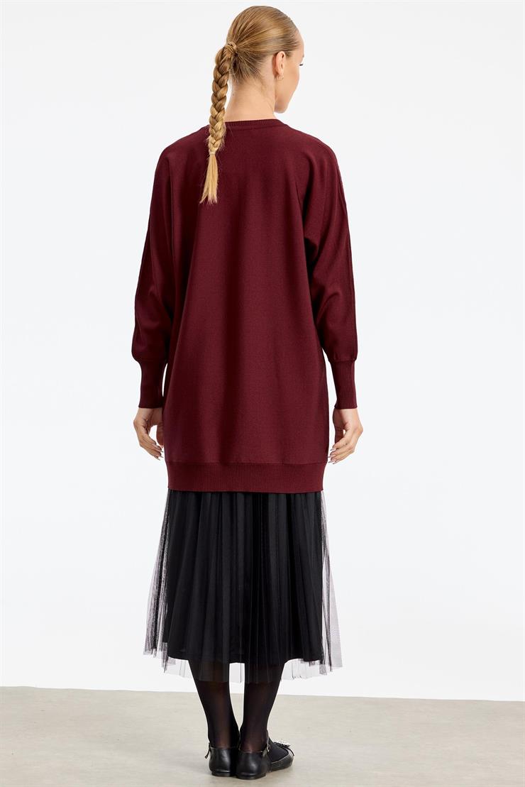 Omzu Yaprak Taş Baskılı Rayon Tunik BORDO