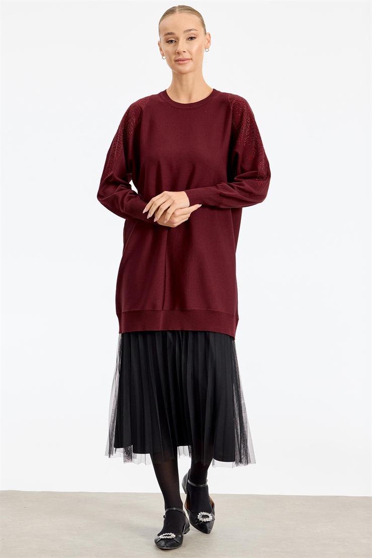 Omzu Yaprak Taş Baskılı Rayon Tunik BORDO