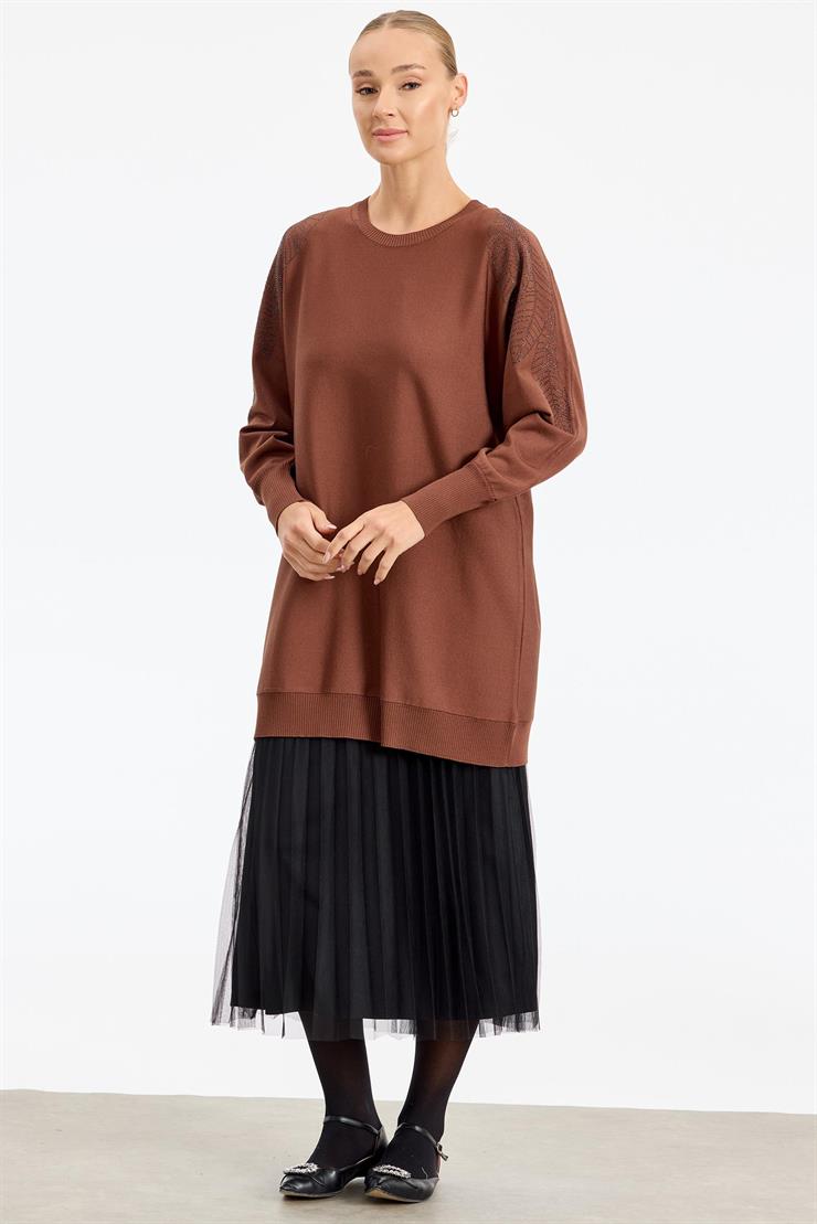 Omzu Yaprak Taş Baskılı Rayon Tunik KAHVE