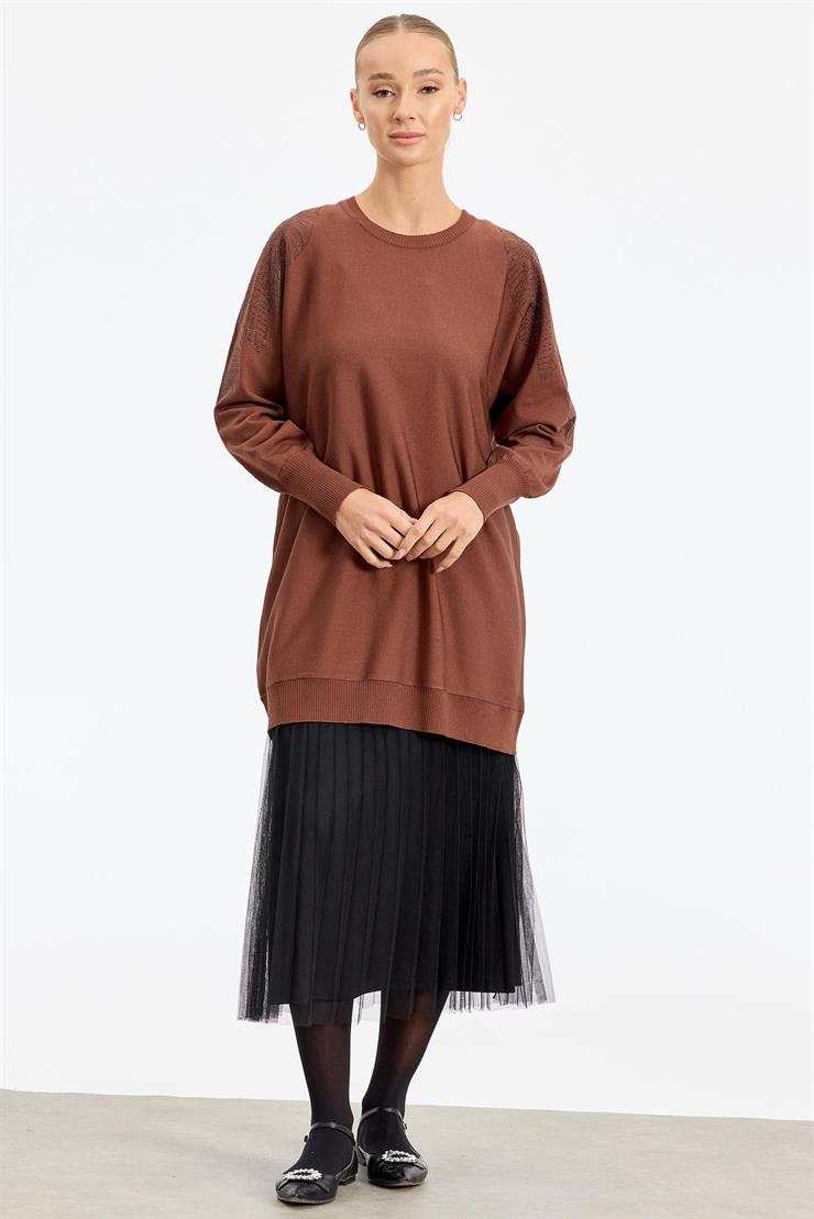 Omzu Yaprak Taş Baskılı Rayon Tunik KAHVE