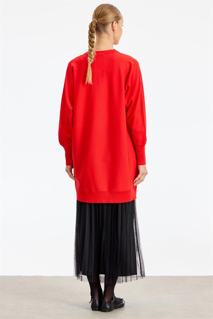 Omzu Yaprak Taş Baskılı Rayon Tunik KIRMIZI