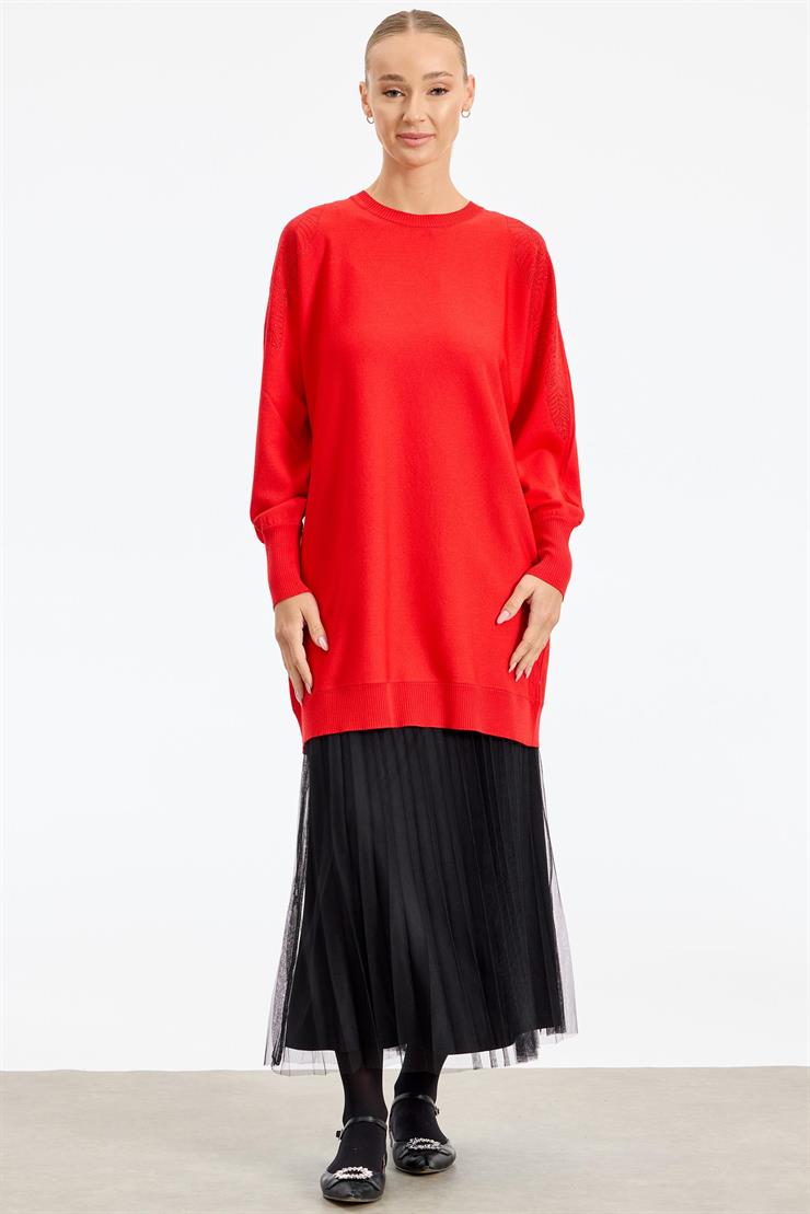 Omzu Yaprak Taş Baskılı Rayon Tunik KIRMIZI