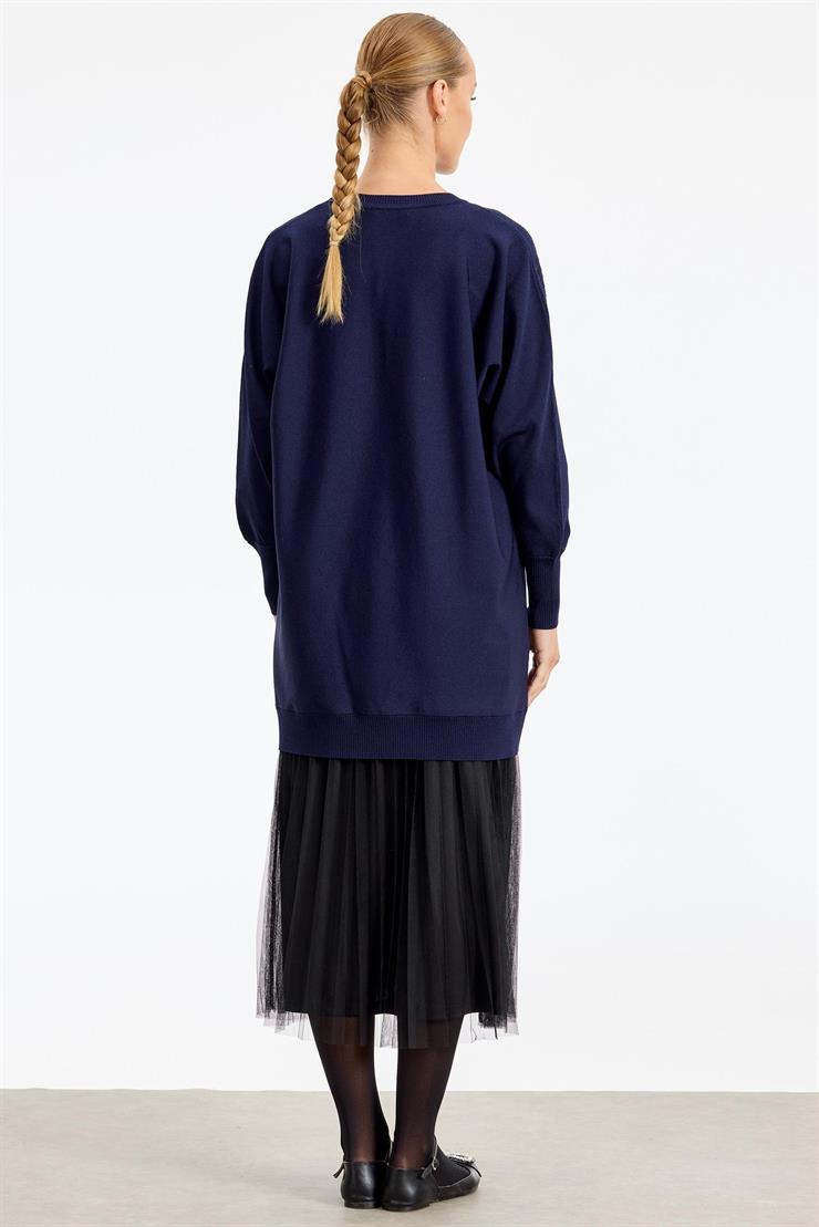 Omzu Yaprak Taş Baskılı Rayon Tunik LACİVERT