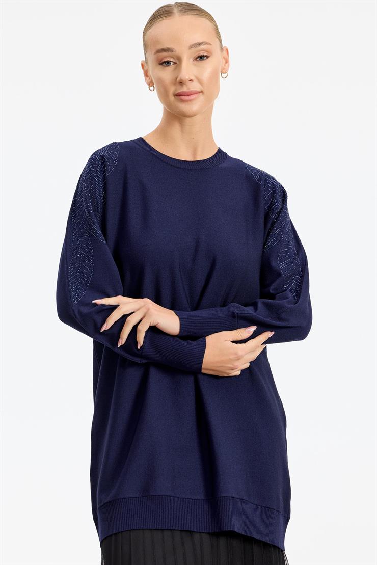 Omzu Yaprak Taş Baskılı Rayon Tunik LACİVERT