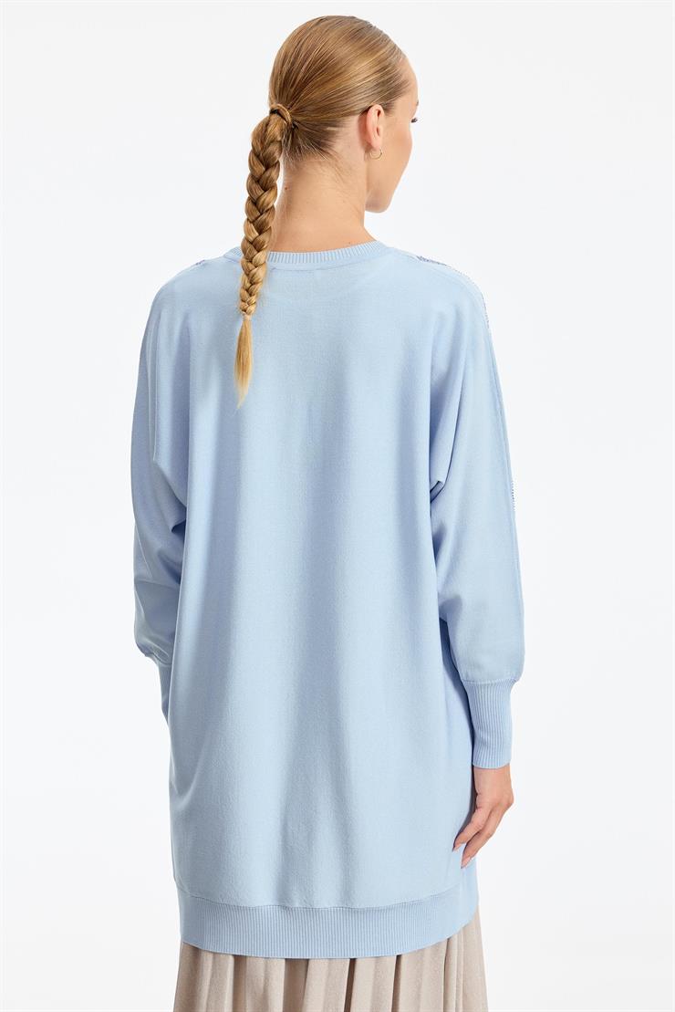 Omzu Yaprak Taş Baskılı Rayon Tunik MAVİ