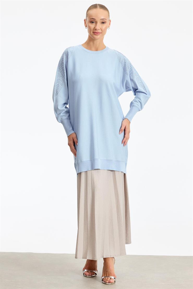 Omzu Yaprak Taş Baskılı Rayon Tunik MAVİ