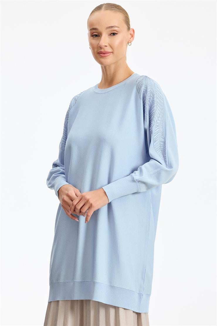 Omzu Yaprak Taş Baskılı Rayon Tunik MAVİ