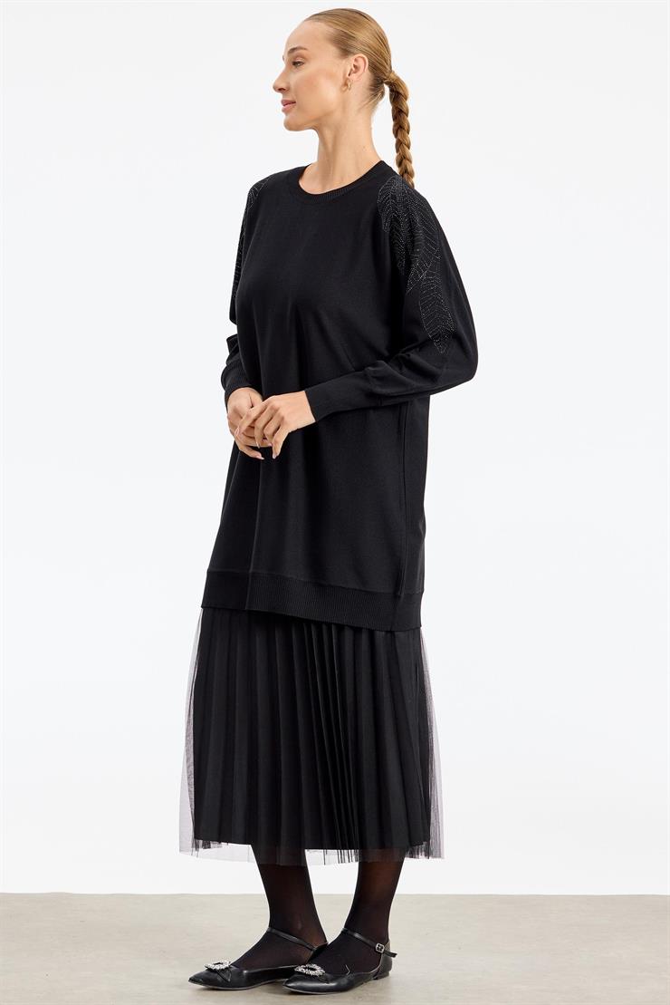 Omzu Yaprak Taş Baskılı Rayon Tunik SİYAH