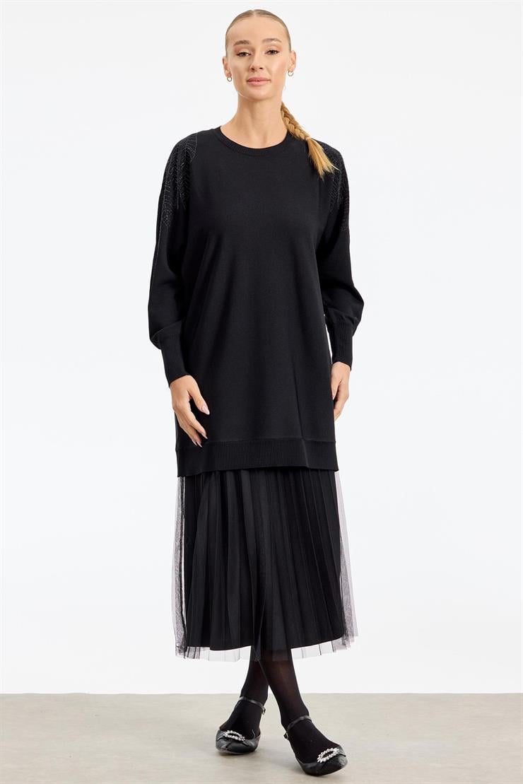 Omzu Yaprak Taş Baskılı Rayon Tunik SİYAH