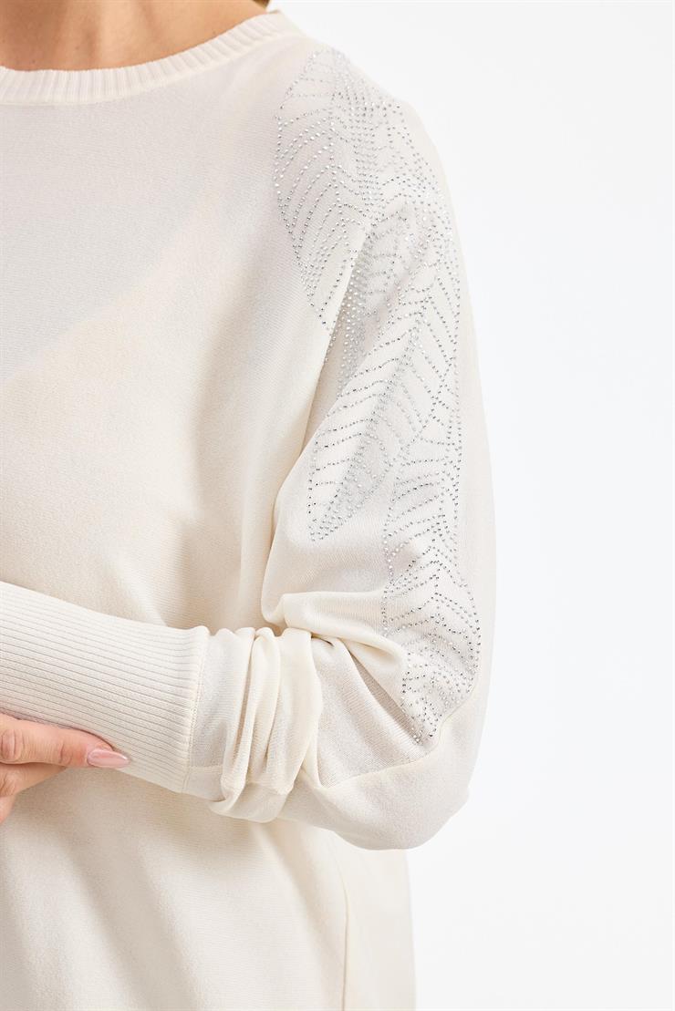 Omzu Yaprak Taş Baskılı Rayon Tunik VANİLYA