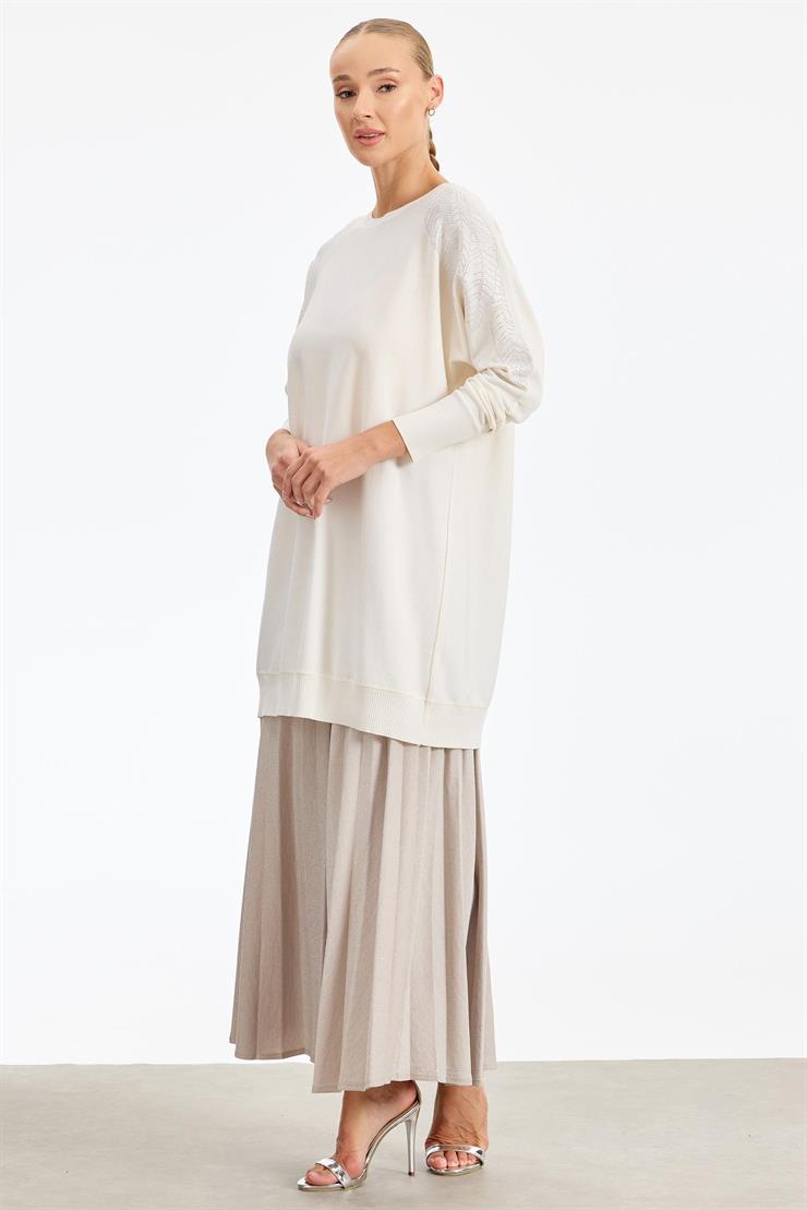 Omzu Yaprak Taş Baskılı Rayon Tunik VANİLYA