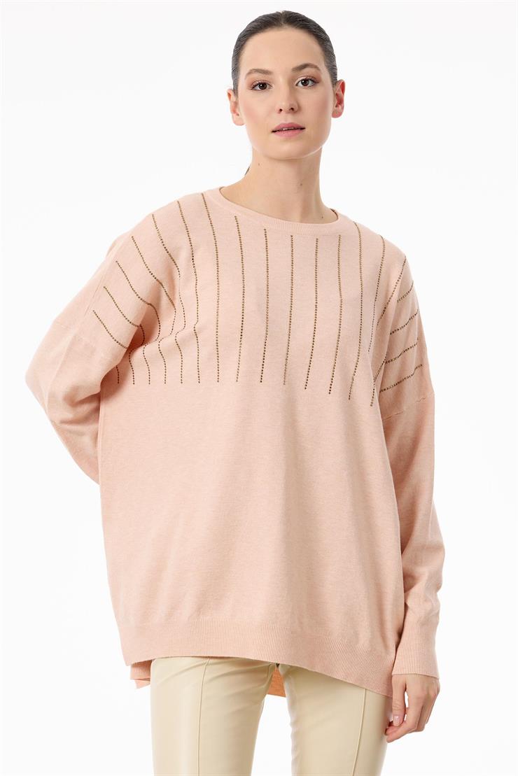 Ön Bedeni Yarım Taş Baskılı Triko Tunik PEMBE