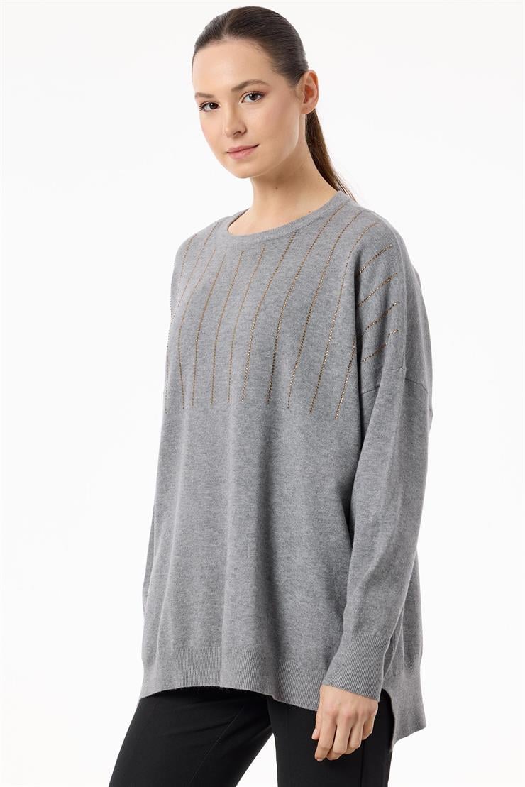 Ön Bedeni Yarım Taş Baskılı Triko Tunik GRİ