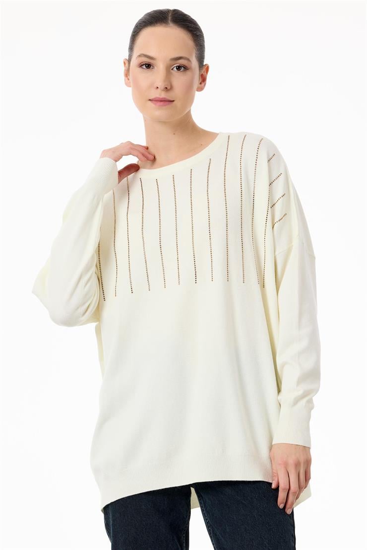 Ön Bedeni Yarım Taş Baskılı Triko Tunik EKRU