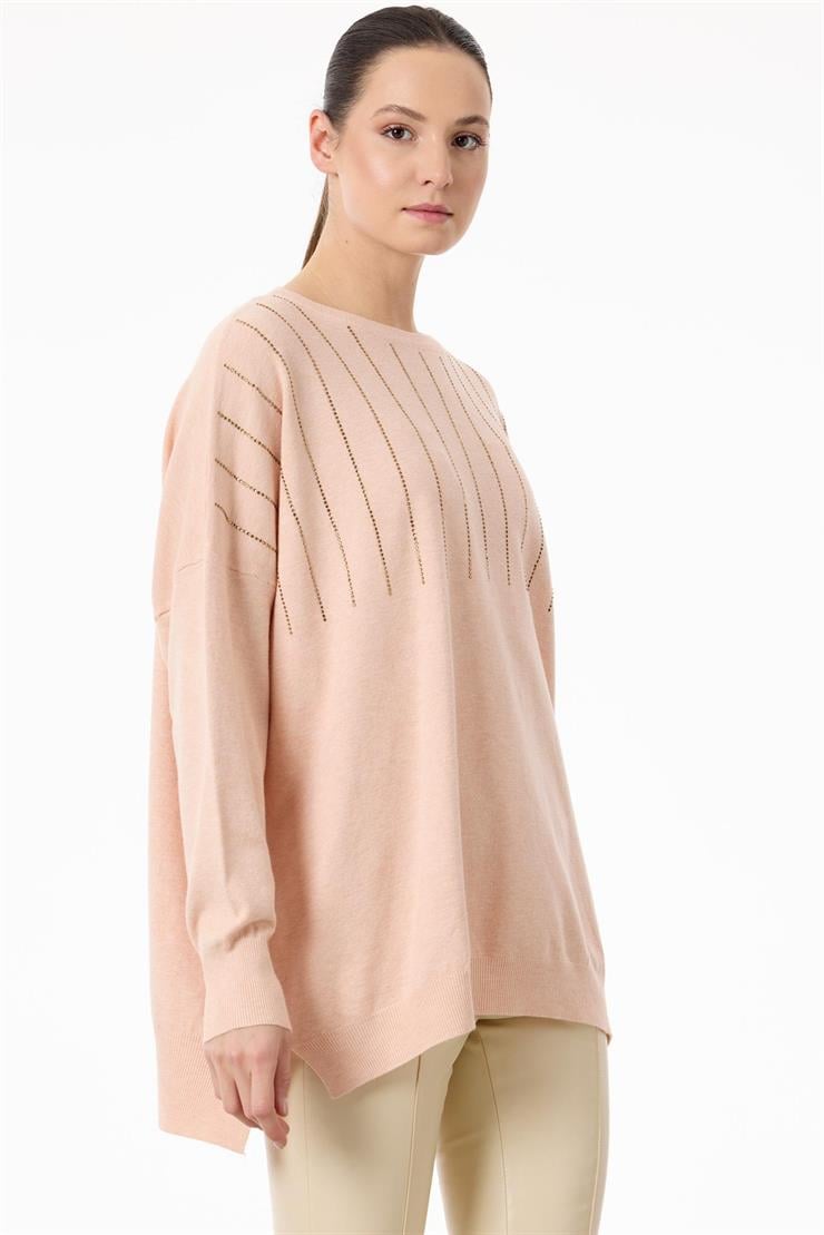 Ön Bedeni Yarım Taş Baskılı Triko Tunik PEMBE